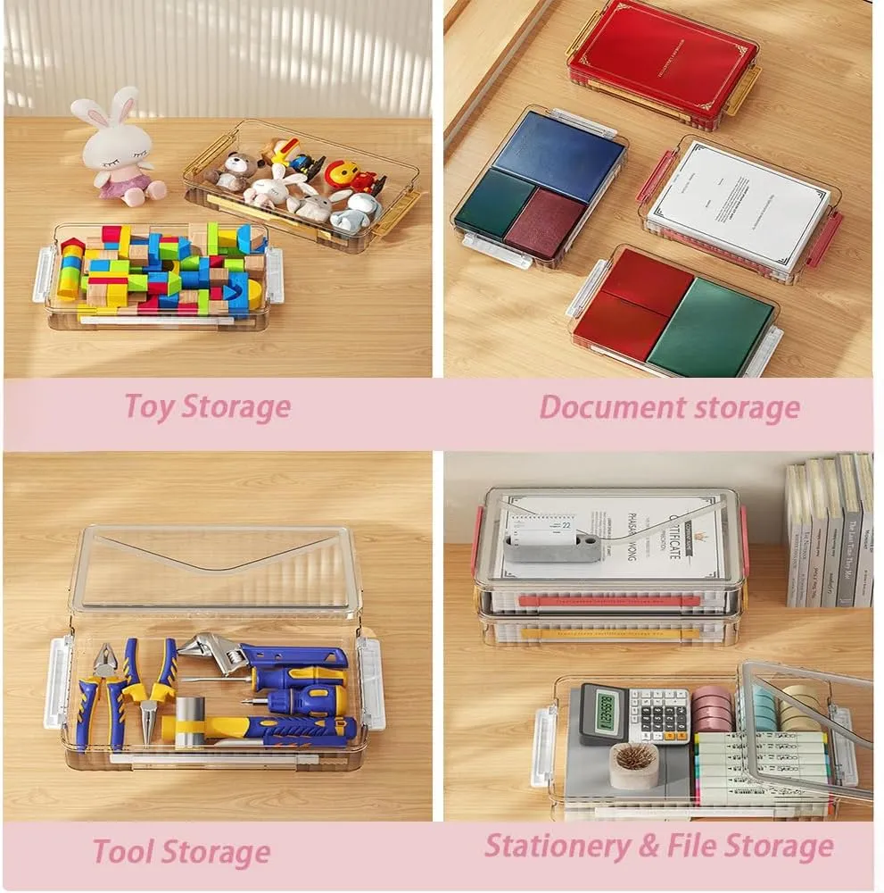 2 Pack Clear Plastic File Storage Boxes with Latching Lids, Transparent Certificate Organizer with Handle, Portable Project Case for Drawers, Clear Stackable File Box (White Latches, Small)