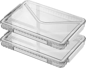 2 Pack Clear Plastic File Storage Boxes with Latching Lids, Transparent Certificate Organizer with Handle, Portable Project Case for Drawers, Clear Stackable File Box (White Latches, Small)