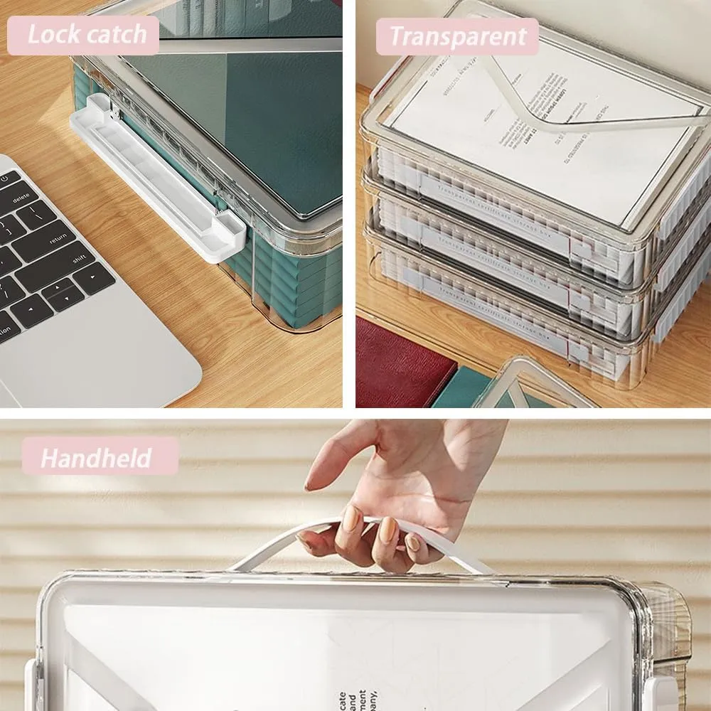 2 Pack Clear Plastic File Storage Boxes with Latching Lids, Transparent Certificate Organizer with Handle, Portable Project Case for Drawers, Clear Stackable File Box (White Latches, Small)