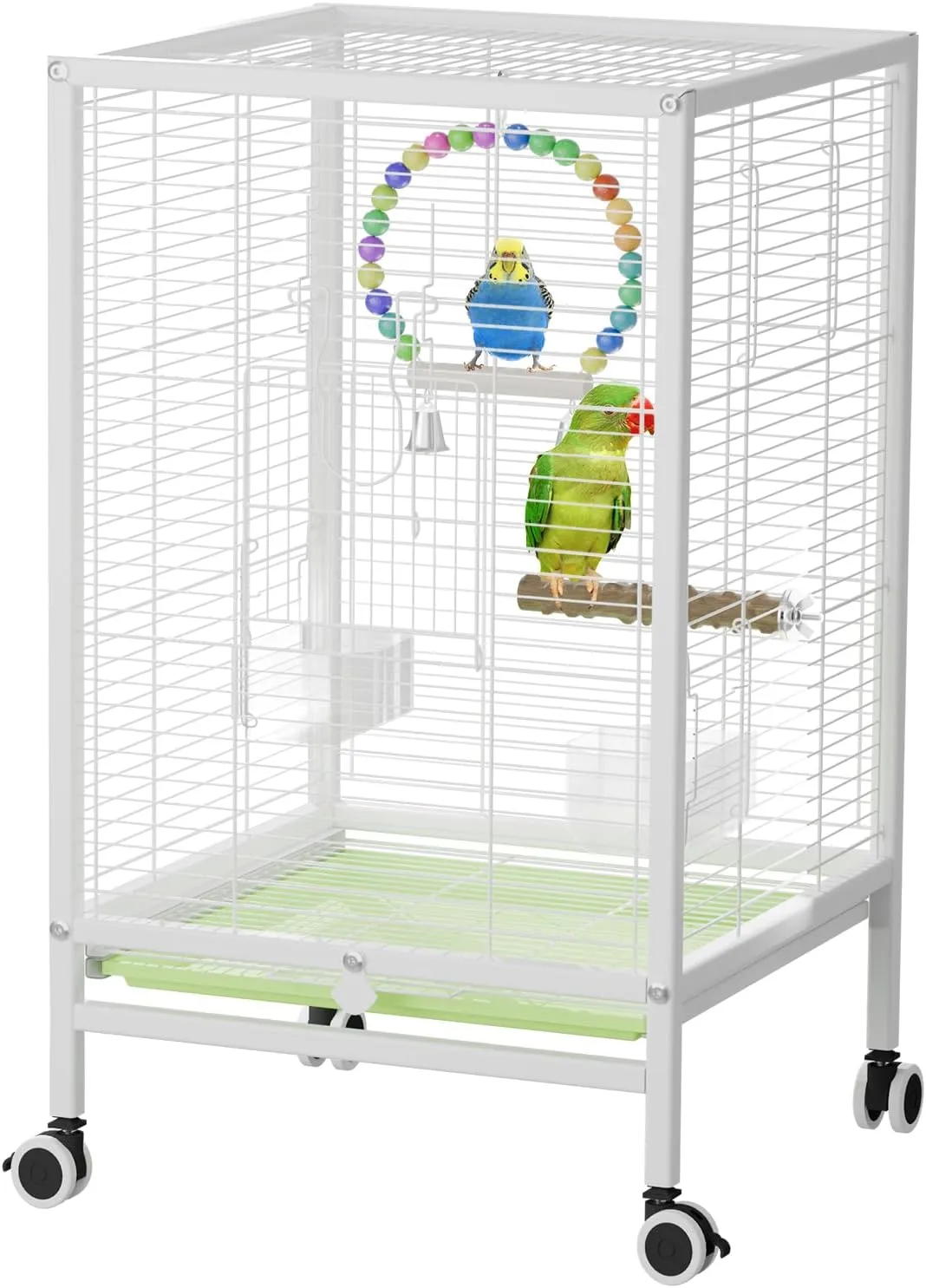 24-Inch Iron Bird Cage with Wheels, 61cm Height, Rolling Stand for Small Birds, Parakeets, Lovebirds, Canaries (White)