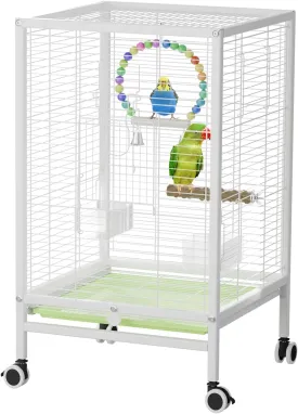 24-Inch Iron Bird Cage with Wheels, 61cm Height, Rolling Stand for Small Birds, Parakeets, Lovebirds, Canaries (White)