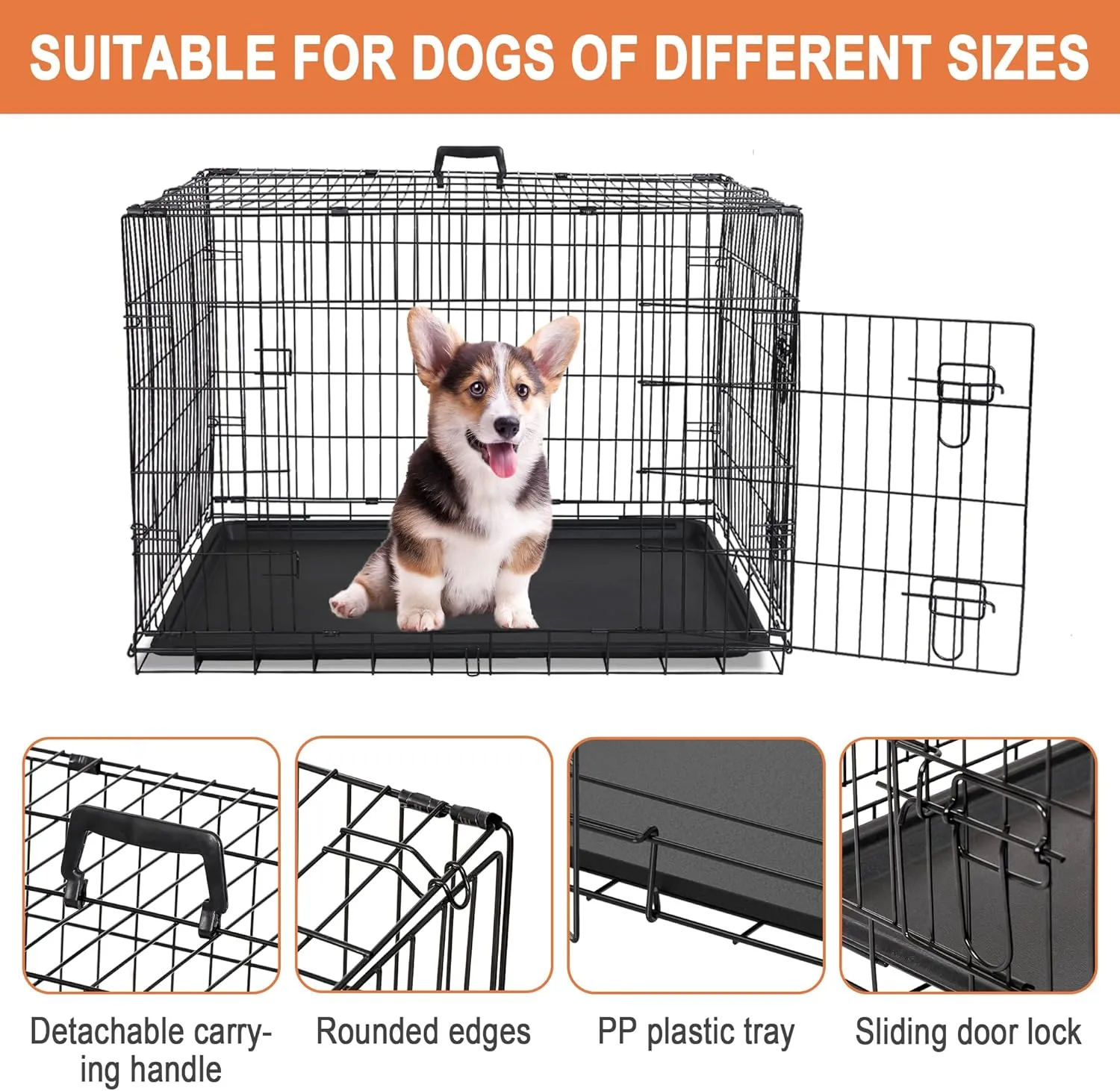30/36/42 Inches Double Door Dog Crate Folding Metal Wire Dog Kennel Cage with Tray for Small/Medium/Large Dogs Indoor Outdoor Travel Use