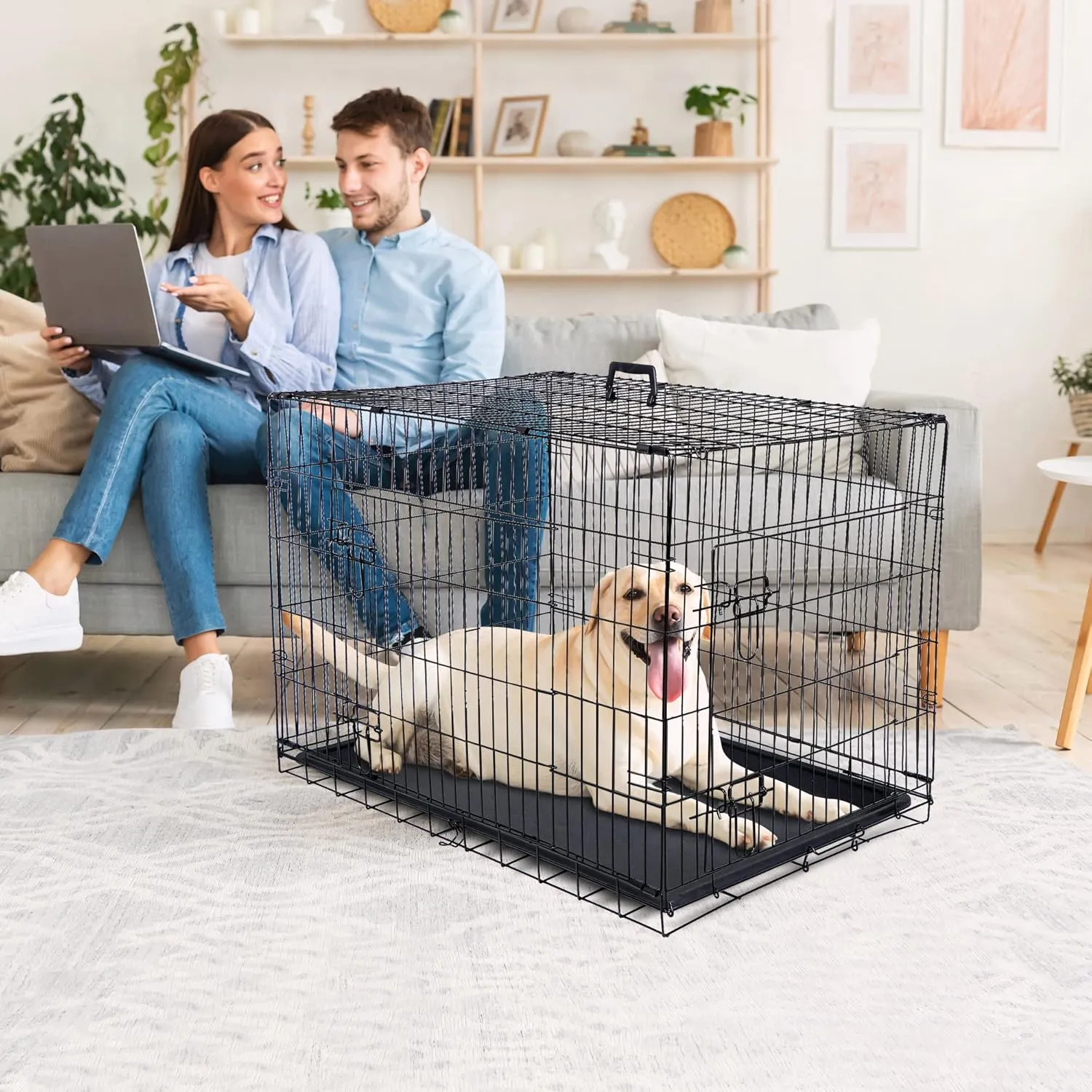 30/36/42 Inches Double Door Dog Crate Folding Metal Wire Dog Kennel Cage with Tray for Small/Medium/Large Dogs Indoor Outdoor Travel Use