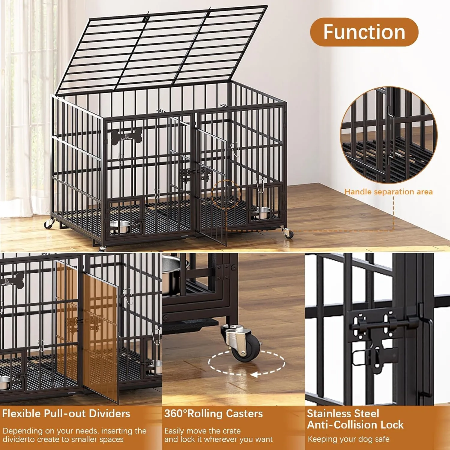 42 Inch Dog Crate Double Door Cage, Kennel with Wheels Extra Large Crate Indoor for Large Dog with Removable Tray