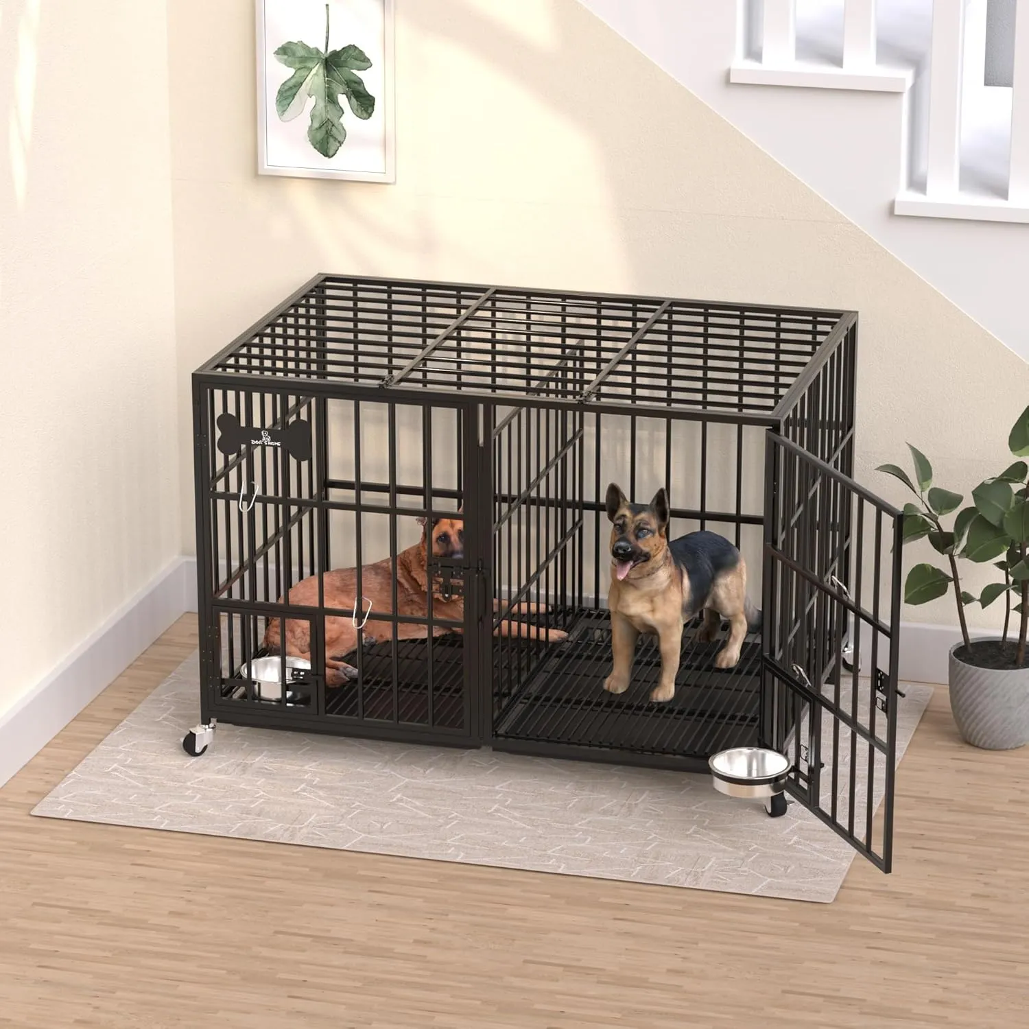 42 Inch Dog Crate Double Door Cage, Kennel with Wheels Extra Large Crate Indoor for Large Dog with Removable Tray