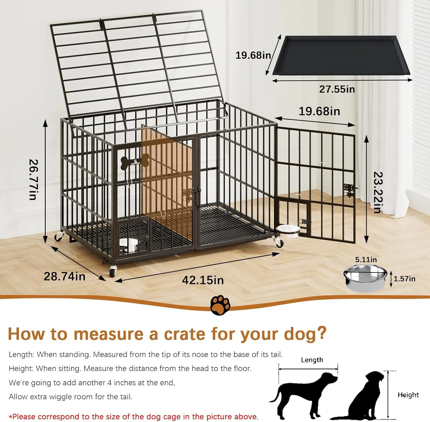 42 Inch Dog Crate Double Door Cage, Kennel with Wheels Extra Large Crate Indoor for Large Dog with Removable Tray