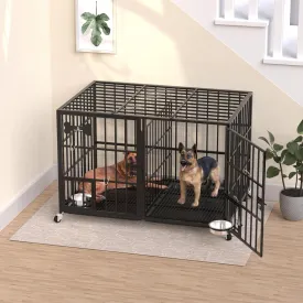 42 Inch Dog Crate Double Door Cage, Kennel with Wheels Extra Large Crate Indoor for Large Dog with Removable Tray