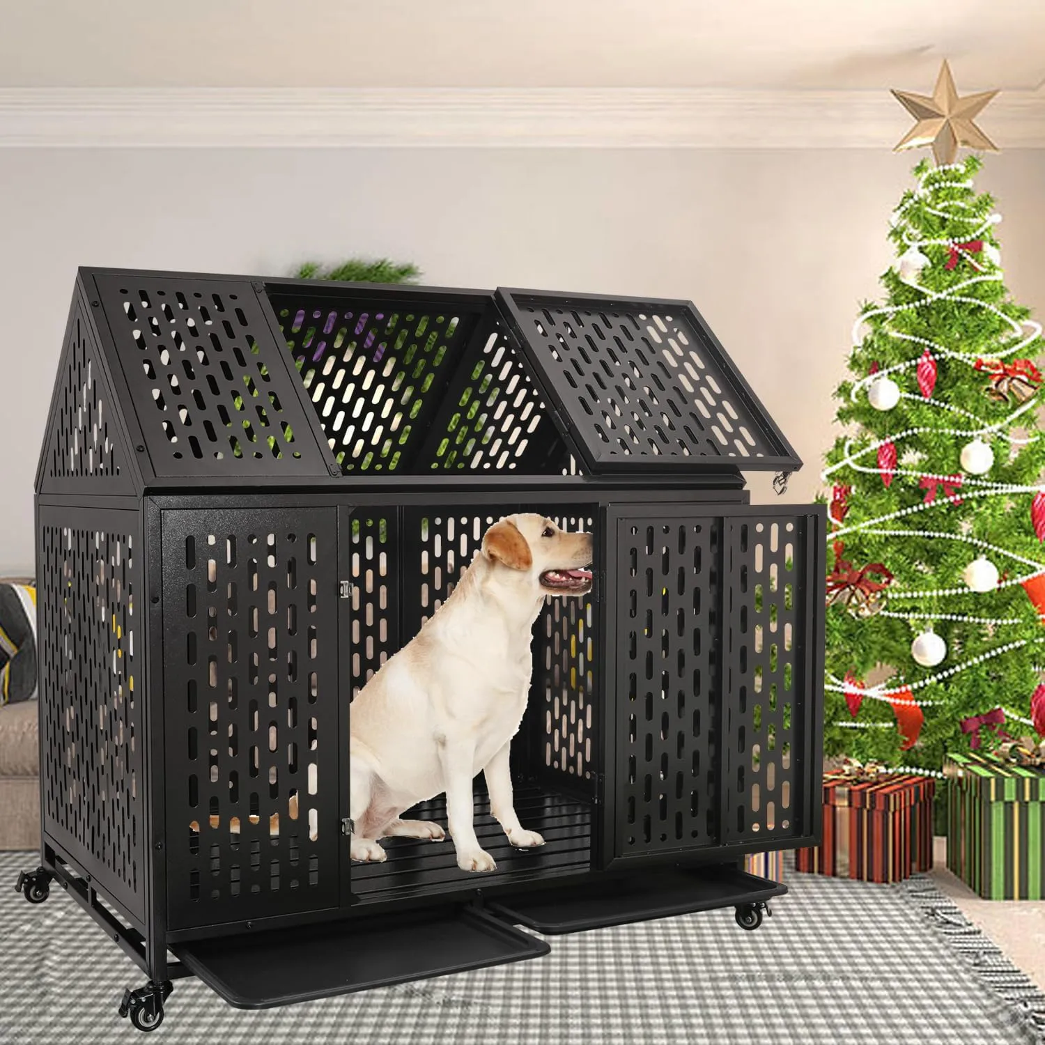 44'' Heavy Duty Indestructible Dog Crate with Wheels and Trays, Pointed Roof High Anxiety Steel Kennel, Strong Escape-Proof Chewproof Pet Cage Double Door Indoor for Large Medium Dogs, Easy Assembly