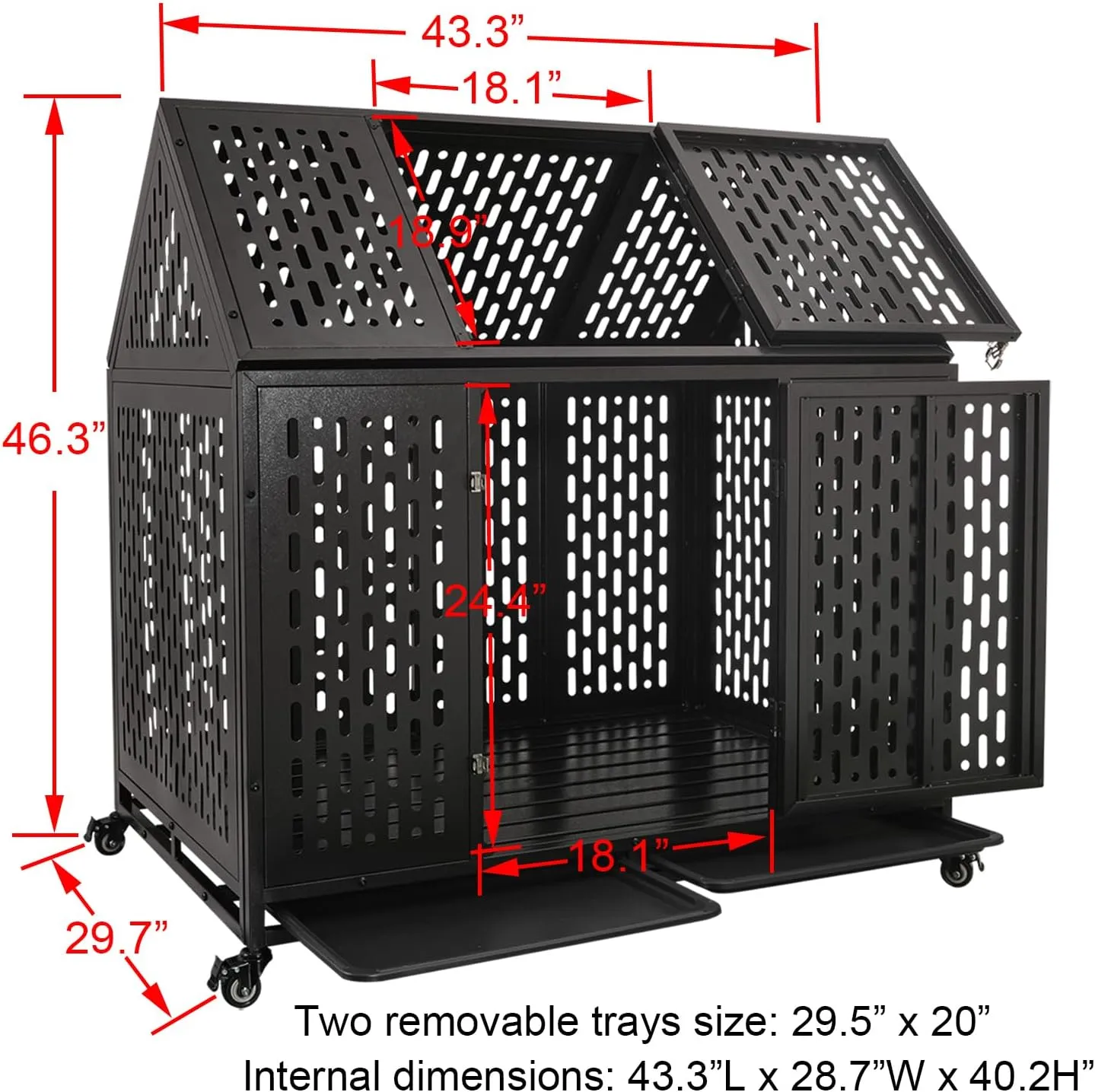 44'' Heavy Duty Indestructible Dog Crate with Wheels and Trays, Pointed Roof High Anxiety Steel Kennel, Strong Escape-Proof Chewproof Pet Cage Double Door Indoor for Large Medium Dogs, Easy Assembly