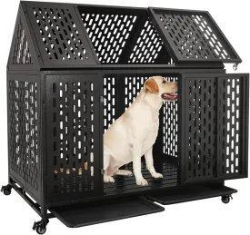 44'' Heavy Duty Indestructible Dog Crate with Wheels and Trays, Pointed Roof High Anxiety Steel Kennel, Strong Escape-Proof Chewproof Pet Cage Double Door Indoor for Large Medium Dogs, Easy Assembly