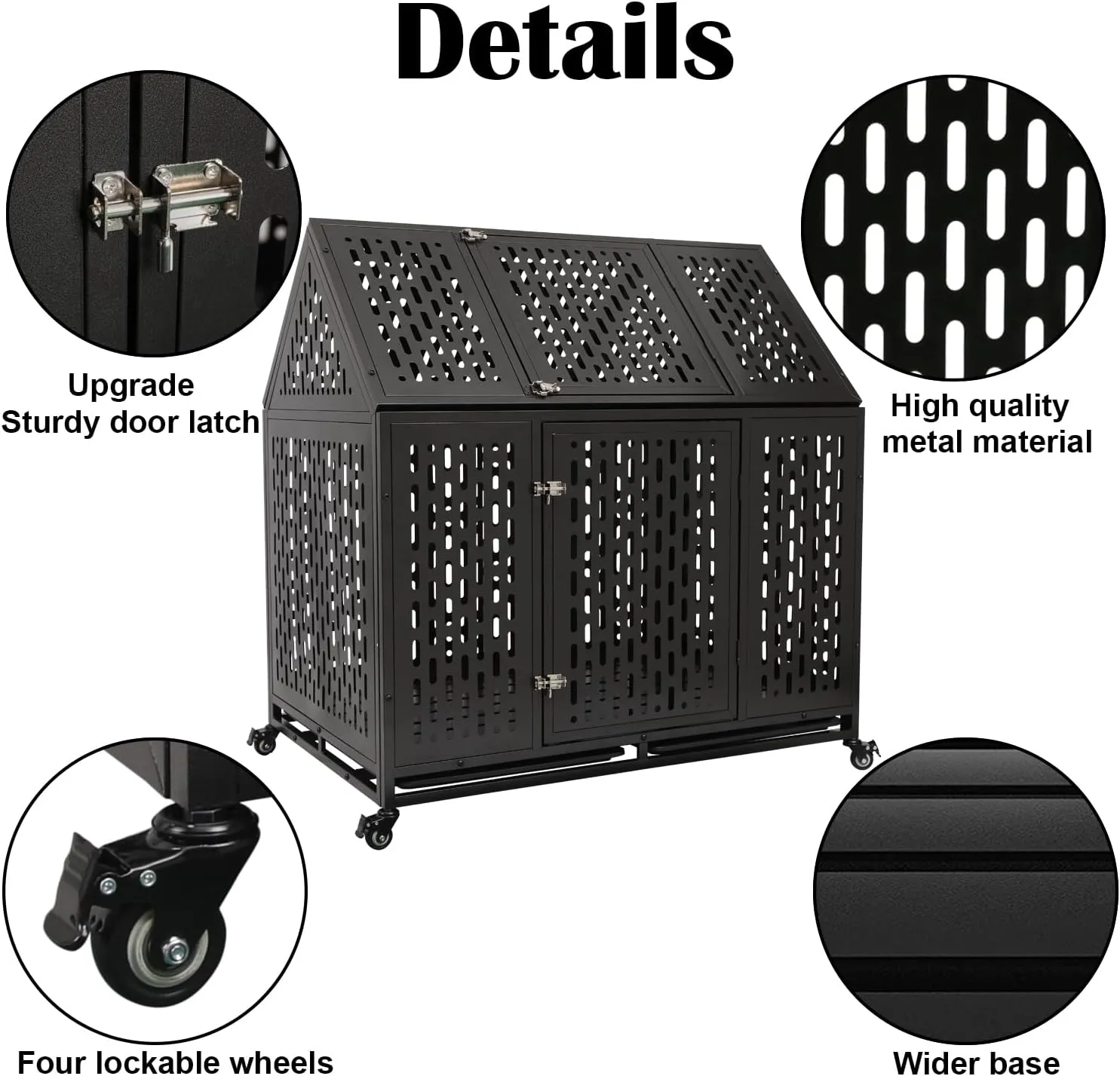 44'' Heavy Duty Indestructible Dog Crate with Wheels and Trays, Pointed Roof High Anxiety Steel Kennel, Strong Escape-Proof Chewproof Pet Cage Double Door Indoor for Large Medium Dogs, Easy Assembly