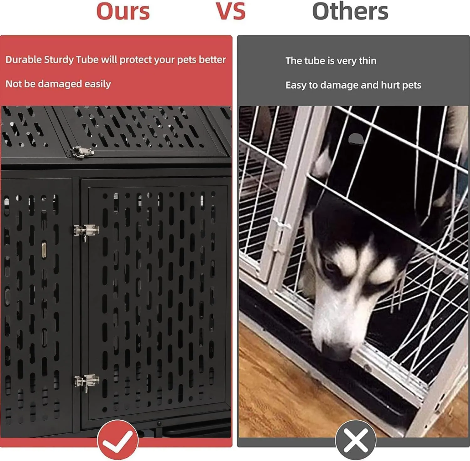 44'' Heavy Duty Indestructible Dog Crate with Wheels and Trays, Pointed Roof High Anxiety Steel Kennel, Strong Escape-Proof Chewproof Pet Cage Double Door Indoor for Large Medium Dogs, Easy Assembly