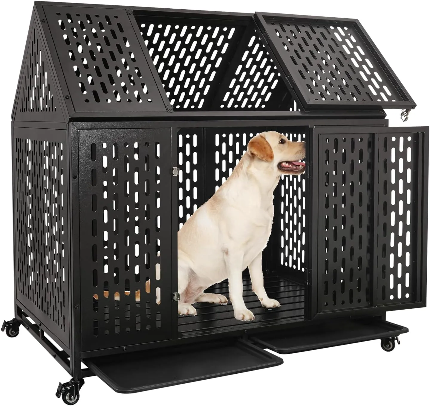 44'' Heavy Duty Indestructible Dog Crate with Wheels and Trays, Pointed Roof High Anxiety Steel Kennel, Strong Escape-Proof Chewproof Pet Cage Double Door Indoor for Large Medium Dogs, Easy Assembly