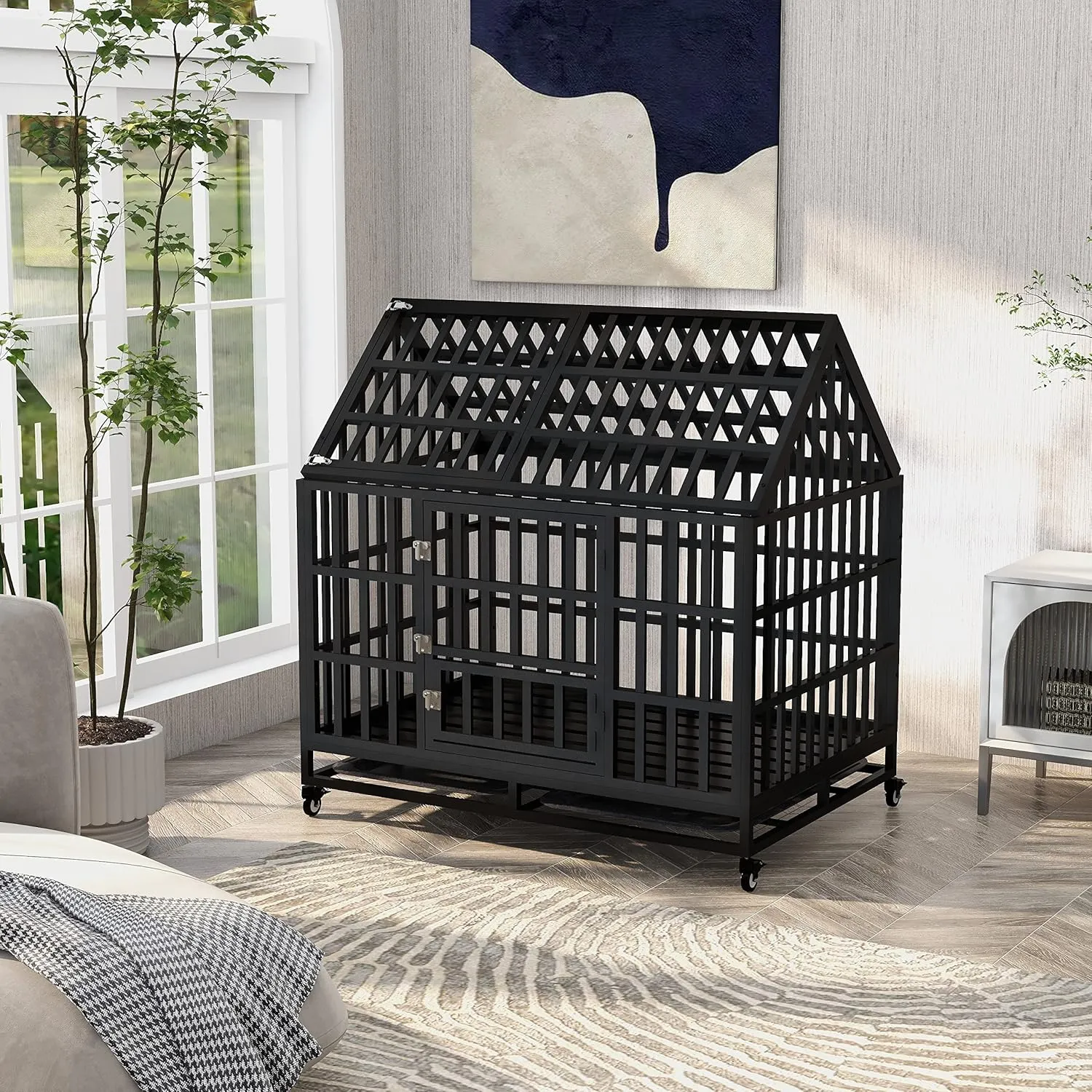 44 Inch Heavy Duty Dog Crate, Indestructible Escape Proof XL Metal Dog Kennel Cage for Large Medium Small Dogs, Indoor High Anxiety Pet Crate with 2 Door, 4 Lockable Wheels and Removable Tray