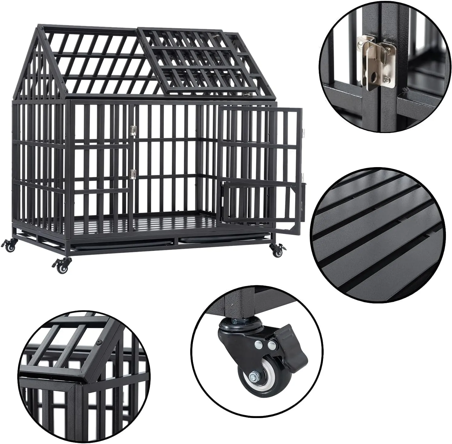 44 Inch Heavy Duty Dog Crate, Indestructible Escape Proof XL Metal Dog Kennel Cage for Large Medium Small Dogs, Indoor High Anxiety Pet Crate with 2 Door, 4 Lockable Wheels and Removable Tray