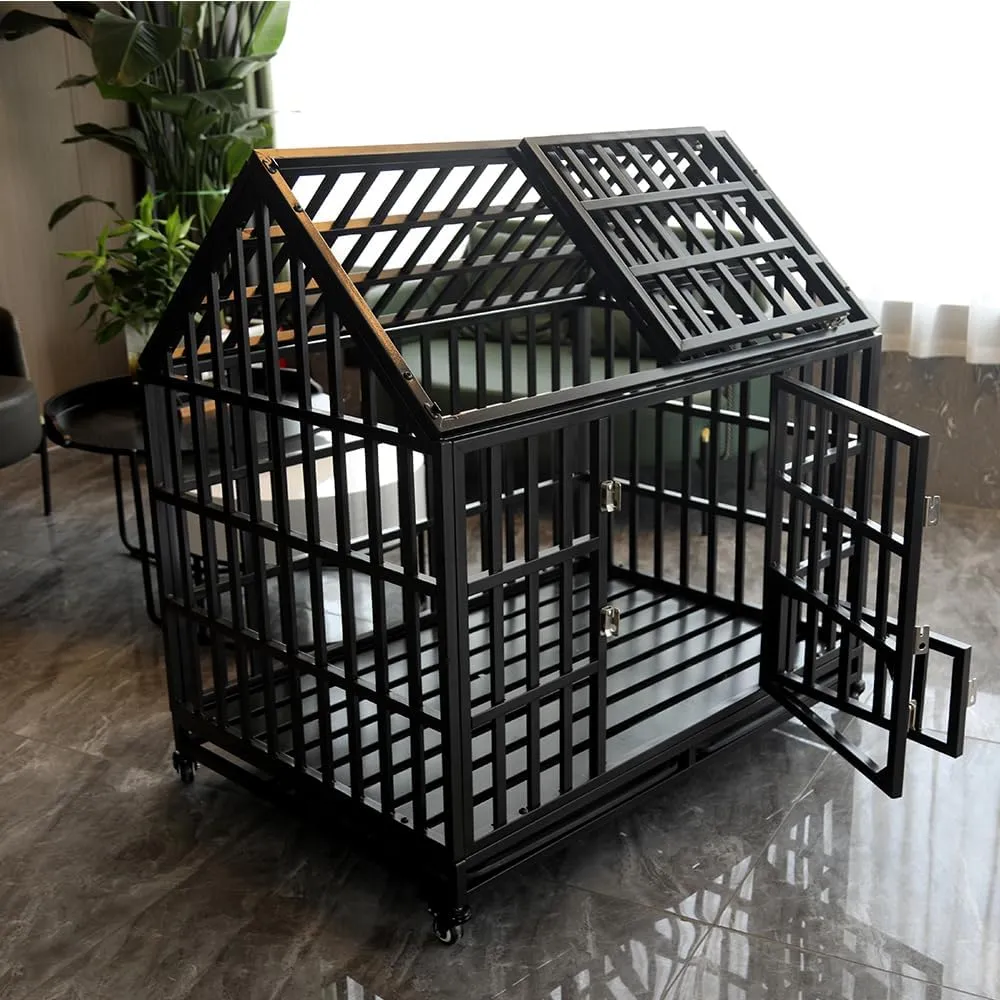 44 Inch Heavy Duty Dog Crate, Indestructible Escape Proof XL Metal Dog Kennel Cage for Large Medium Small Dogs, Indoor High Anxiety Pet Crate with 2 Door, 4 Lockable Wheels and Removable Tray