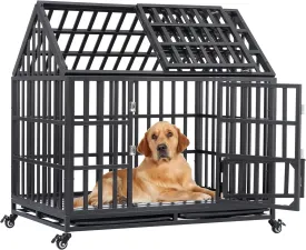 44 Inch Heavy Duty Dog Crate, Indestructible Escape Proof XL Metal Dog Kennel Cage for Large Medium Small Dogs, Indoor High Anxiety Pet Crate with 2 Door, 4 Lockable Wheels and Removable Tray