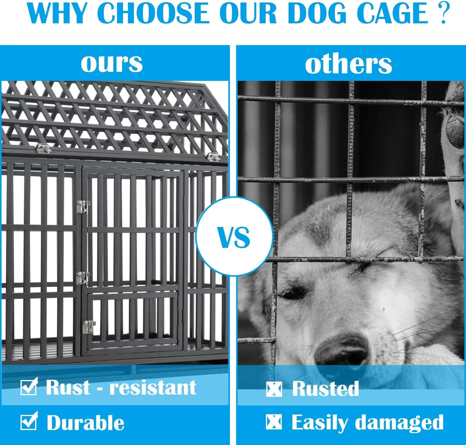 44 Inch Heavy Duty Dog Crate, Indestructible Escape Proof XL Metal Dog Kennel Cage for Large Medium Small Dogs, Indoor High Anxiety Pet Crate with 2 Door, 4 Lockable Wheels and Removable Tray