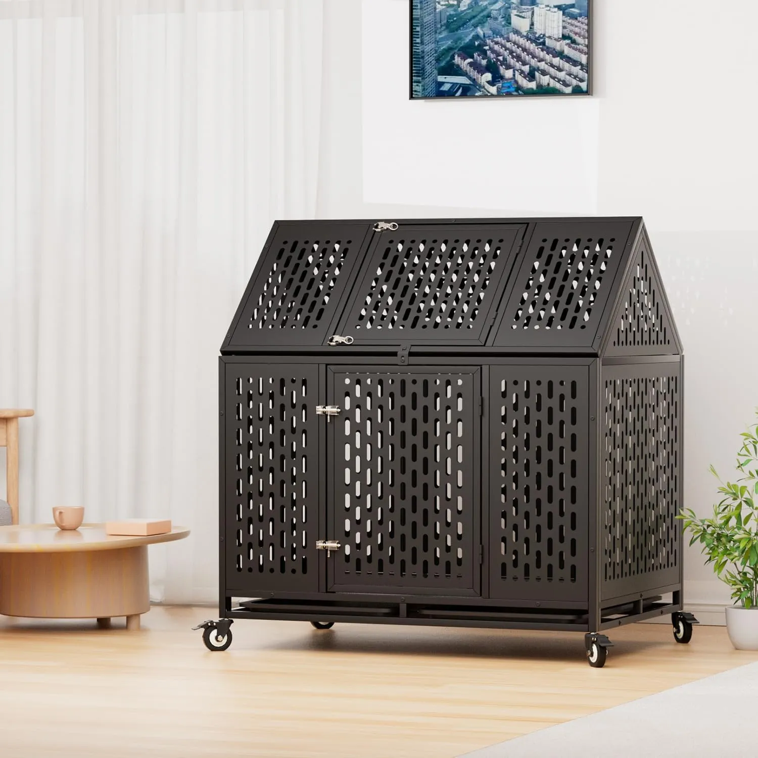 44 Inch Heavy Duty Dog Crate with Sturdy Lock Buckle for High Anxiety Dogs, Indestructible Large Kennel Indoor Double Door with Removable Trays and Lockable Wheels, Chew Proof Cage with Pointed Roof