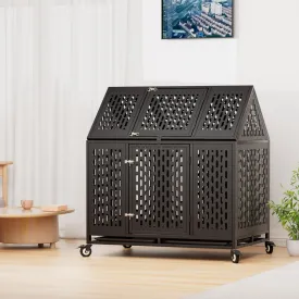 44 Inch Heavy Duty Dog Crate with Sturdy Lock Buckle for High Anxiety Dogs, Indestructible Large Kennel Indoor Double Door with Removable Trays and Lockable Wheels, Chew Proof Cage with Pointed Roof