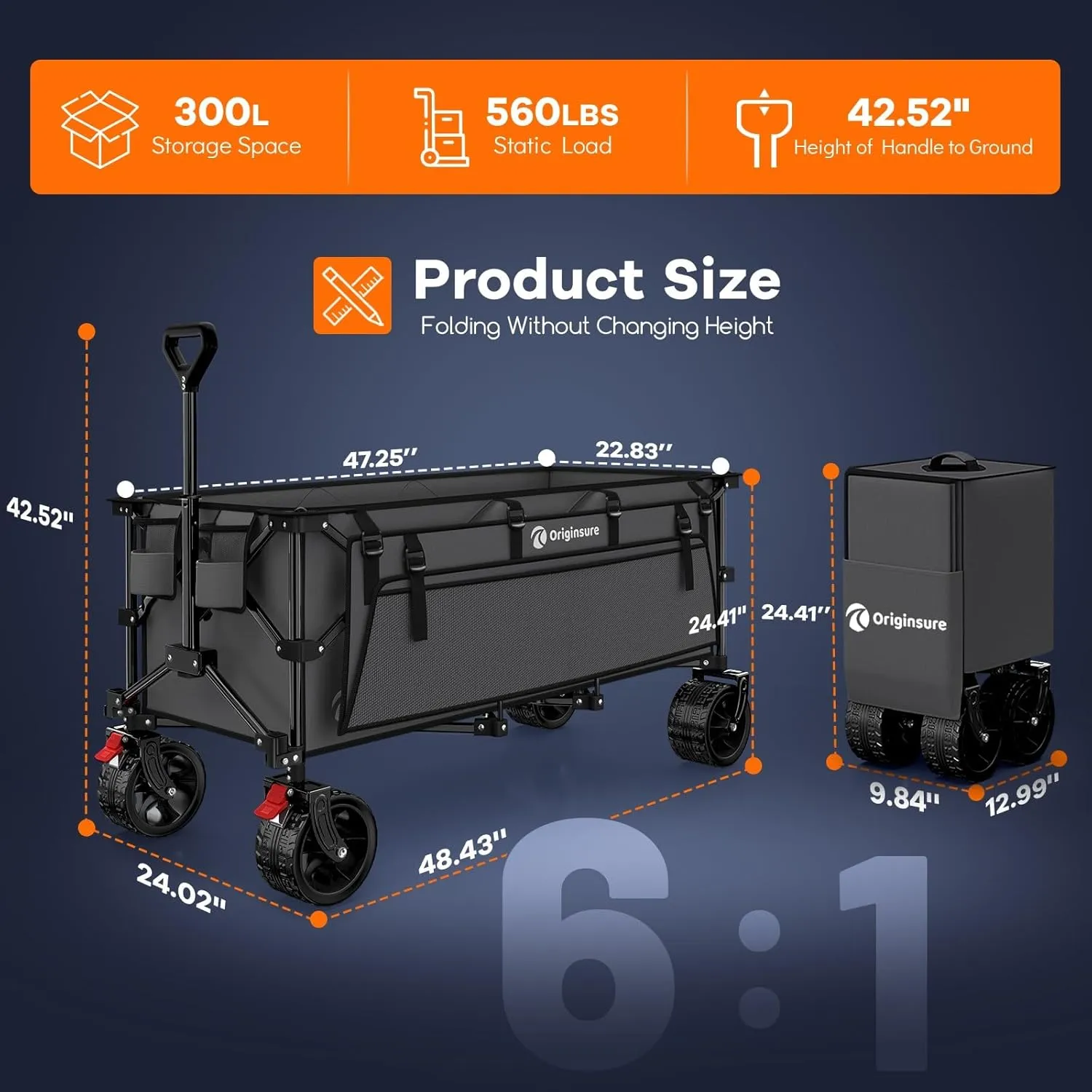 48" L Collapsible Wagon Cart Foldable, 560LB Weight Capacity 300L Heavy Duty Folding Beach Wagons with Big All-Terrain Wheels, Utility Carts for Groceries, Shopping, Camping, Sports - Grey
