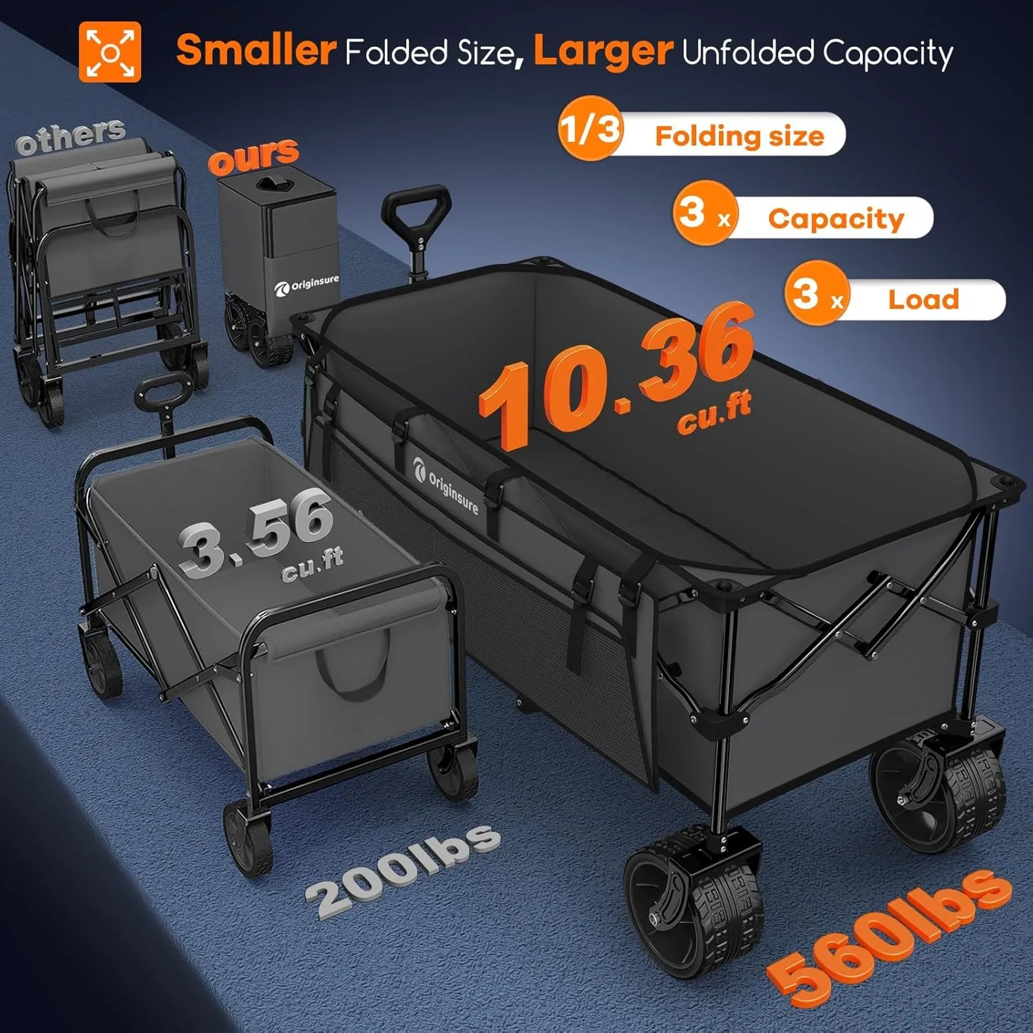 48" L Collapsible Wagon Cart Foldable, 560LB Weight Capacity 300L Heavy Duty Folding Beach Wagons with Big All-Terrain Wheels, Utility Carts for Groceries, Shopping, Camping, Sports - Grey