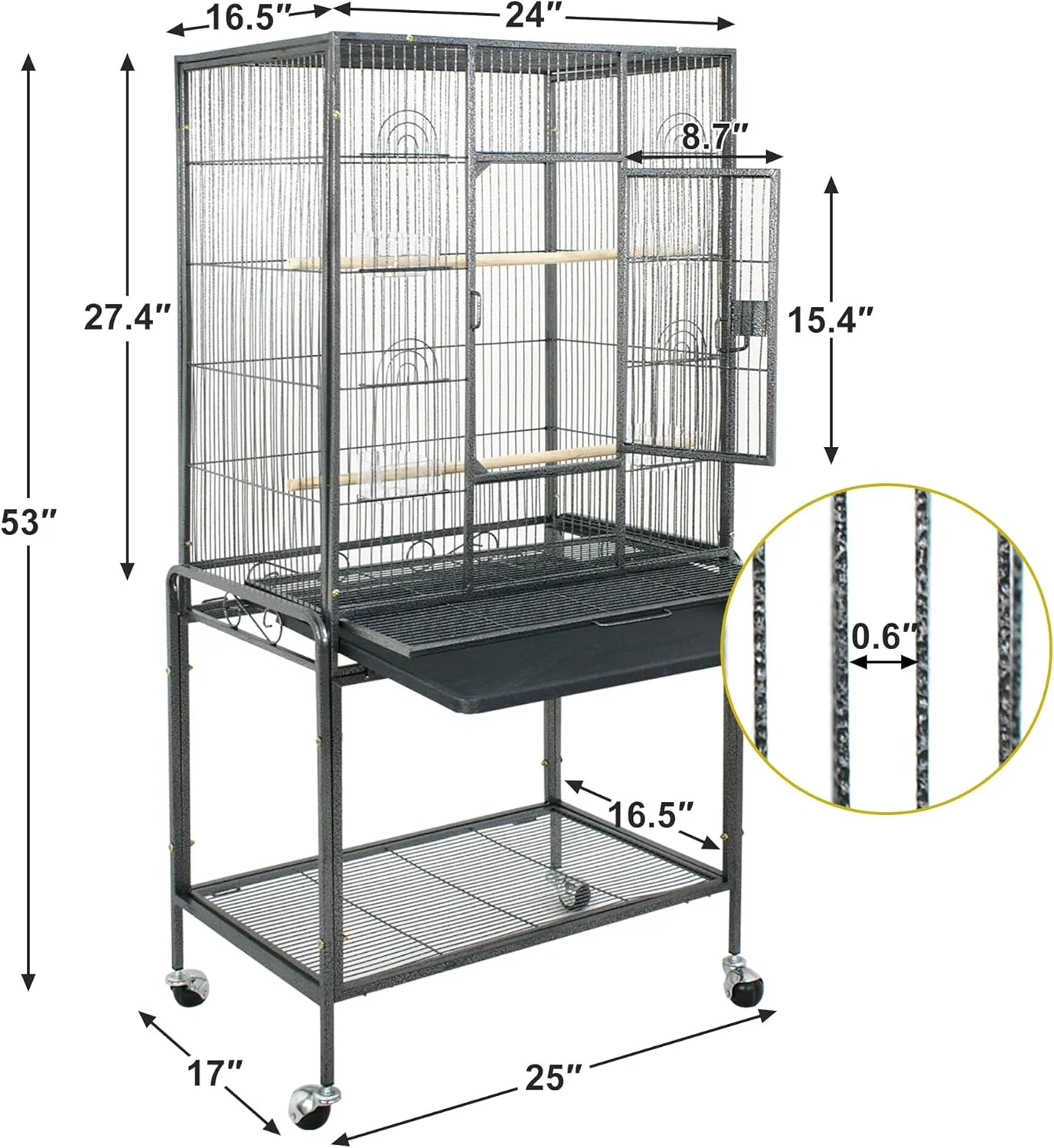 53-Inch Standing Wrought Iron Birdcage Large Parrot Flight Bird Cage with Rolling Stand Birdcages for Cockatiels African Grey Quaker Lovebird Canary Budgie Finch