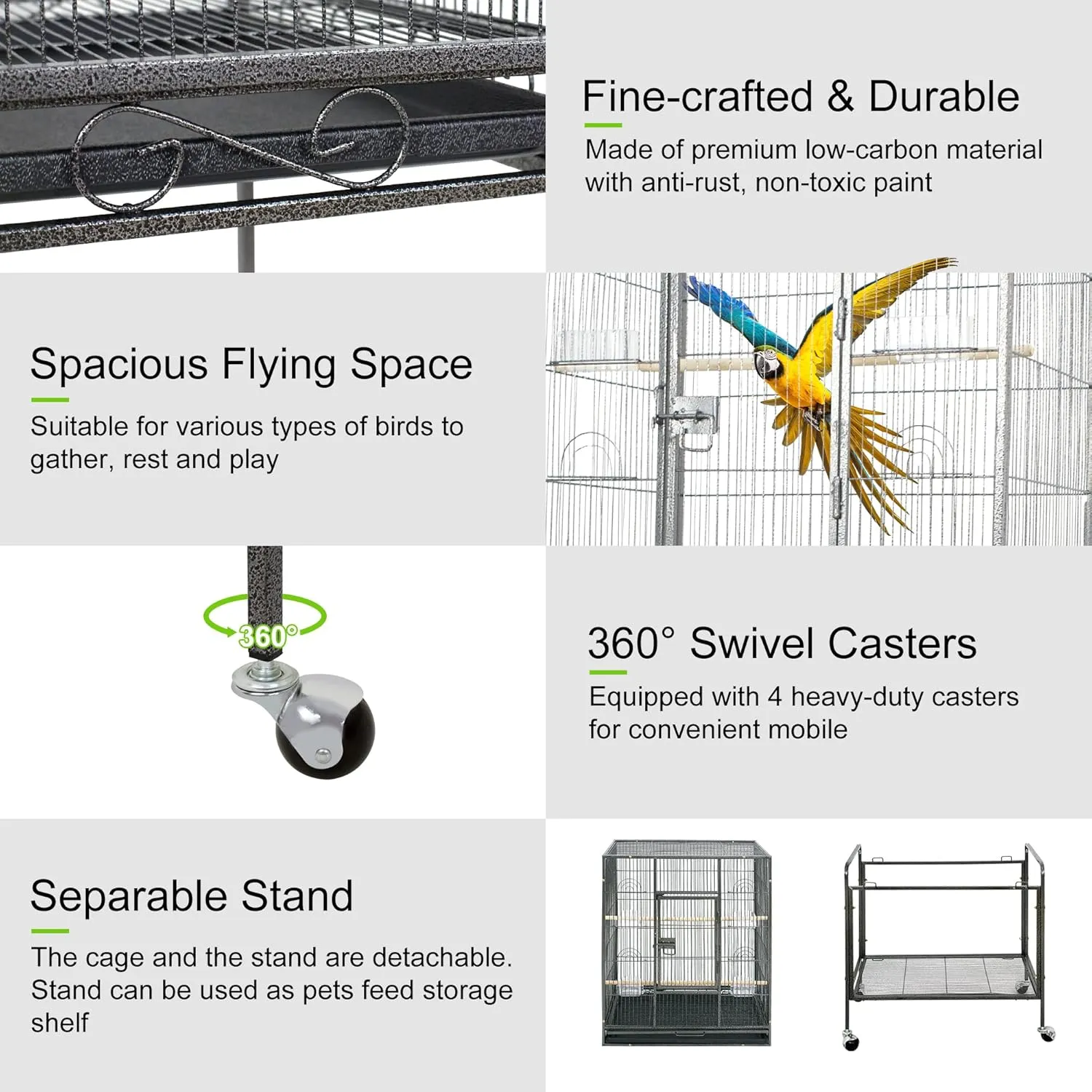 53-Inch Standing Wrought Iron Birdcage Large Parrot Flight Bird Cage with Rolling Stand Birdcages for Cockatiels African Grey Quaker Lovebird Canary Budgie Finch