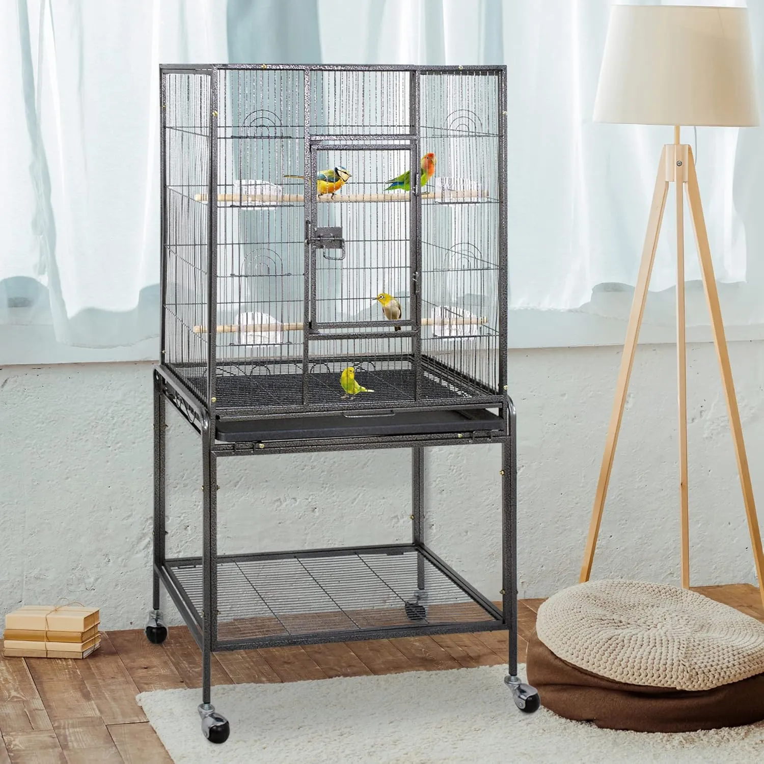 53-Inch Standing Wrought Iron Birdcage Large Parrot Flight Bird Cage with Rolling Stand Birdcages for Cockatiels African Grey Quaker Lovebird Canary Budgie Finch