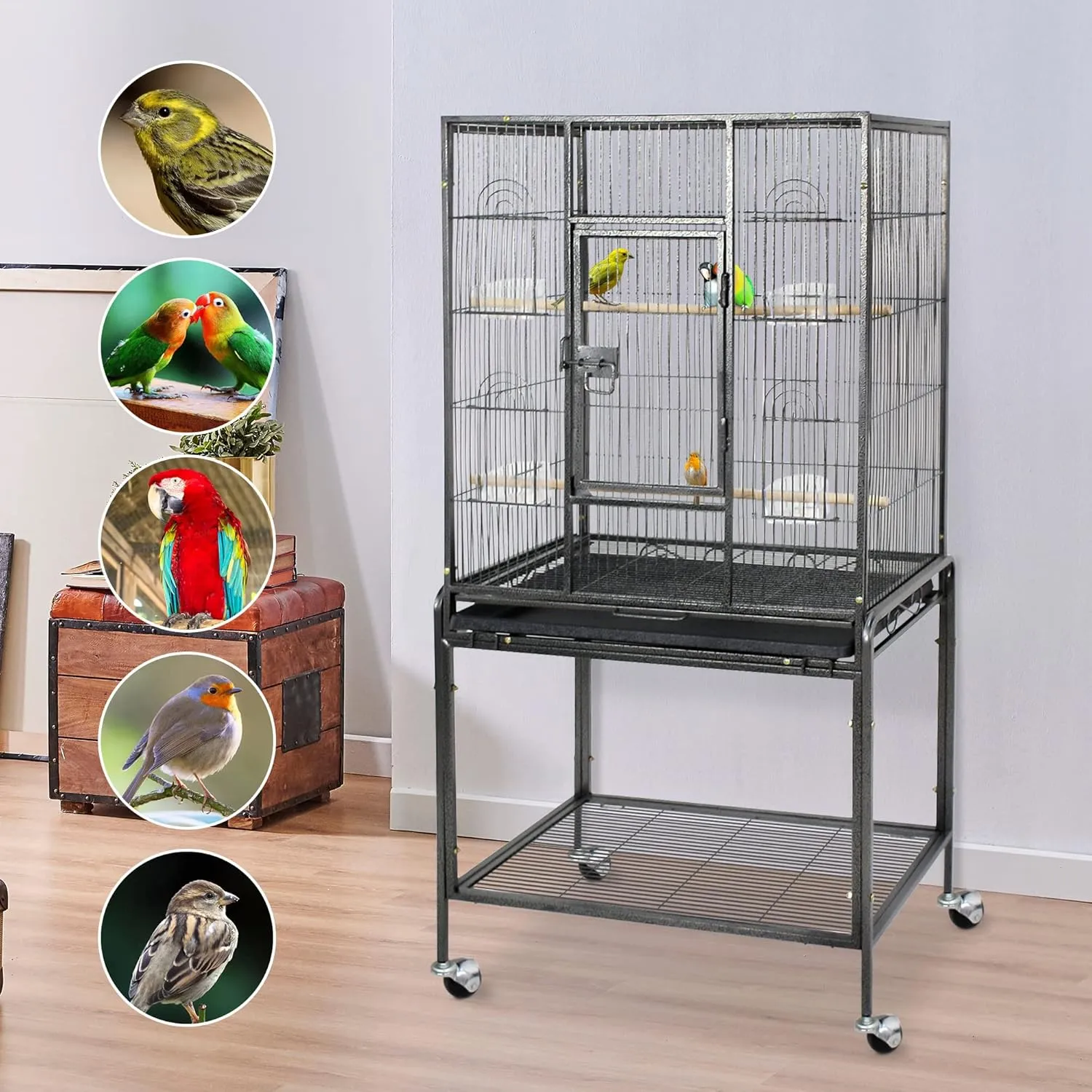 53-Inch Standing Wrought Iron Birdcage Large Parrot Flight Bird Cage with Rolling Stand Birdcages for Cockatiels African Grey Quaker Lovebird Canary Budgie Finch