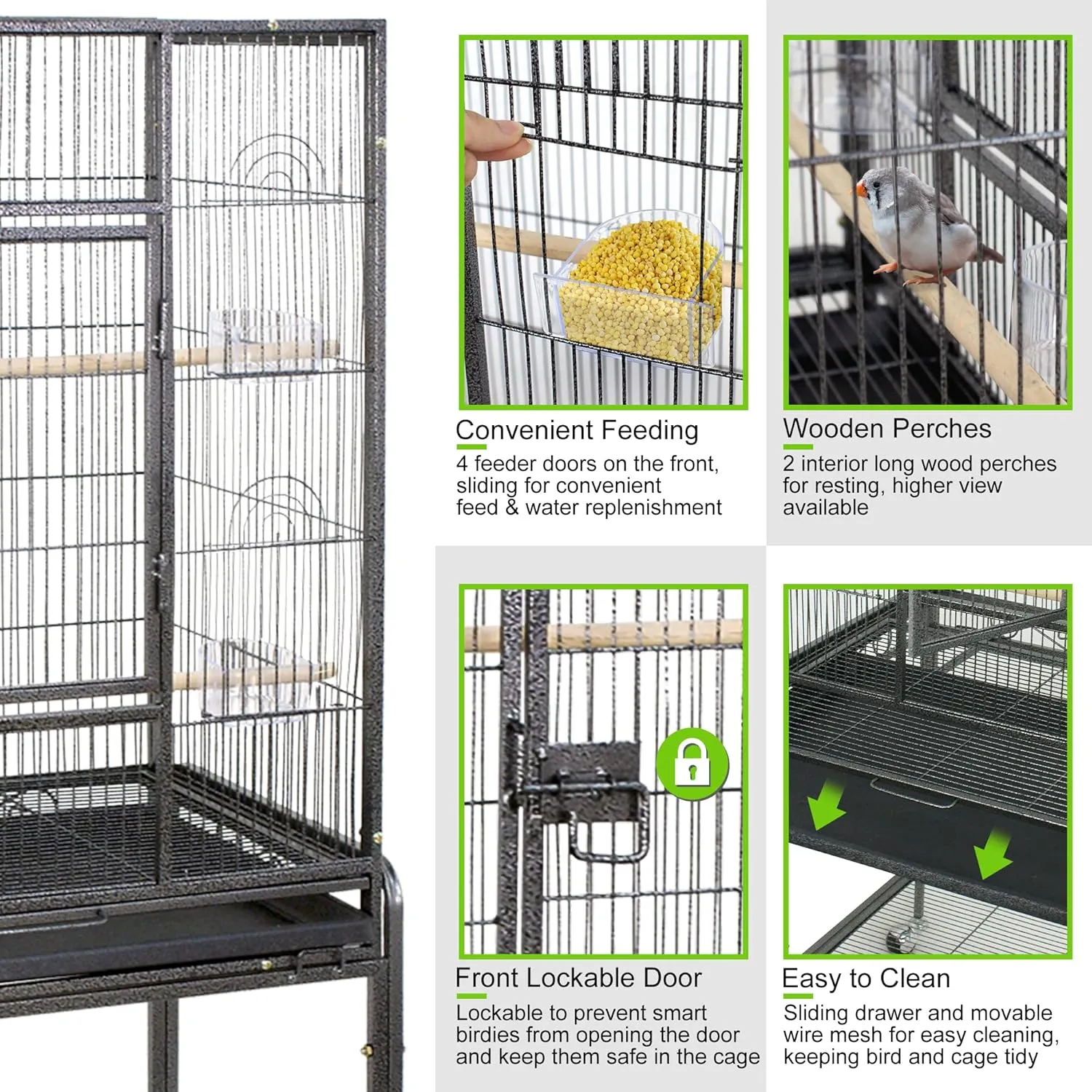53-Inch Standing Wrought Iron Birdcage Large Parrot Flight Bird Cage with Rolling Stand Birdcages for Cockatiels African Grey Quaker Lovebird Canary Budgie Finch