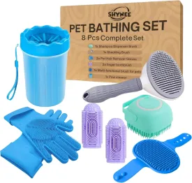 8PCs Dog Grooming Kit - Dog Shampoo Brush | Dog Washing Gloves | Adjustable Dog Bath Brush | Dog Paw Cleaner | 2x 360 Dog ToothBrush | Dog Scrubber for Bath & Massage - A Complete Pet Grooming Kit
