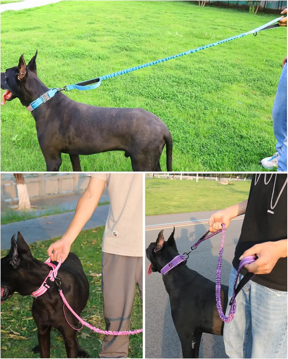 AUBELL Tactical Dog Collar and Leash Set, Reflective Adjustable Heavy Duty Military K9 Collars with Handle and Metal Buckle for Large Dogs, with Airtag Case and 2 Patches(Blue,L)