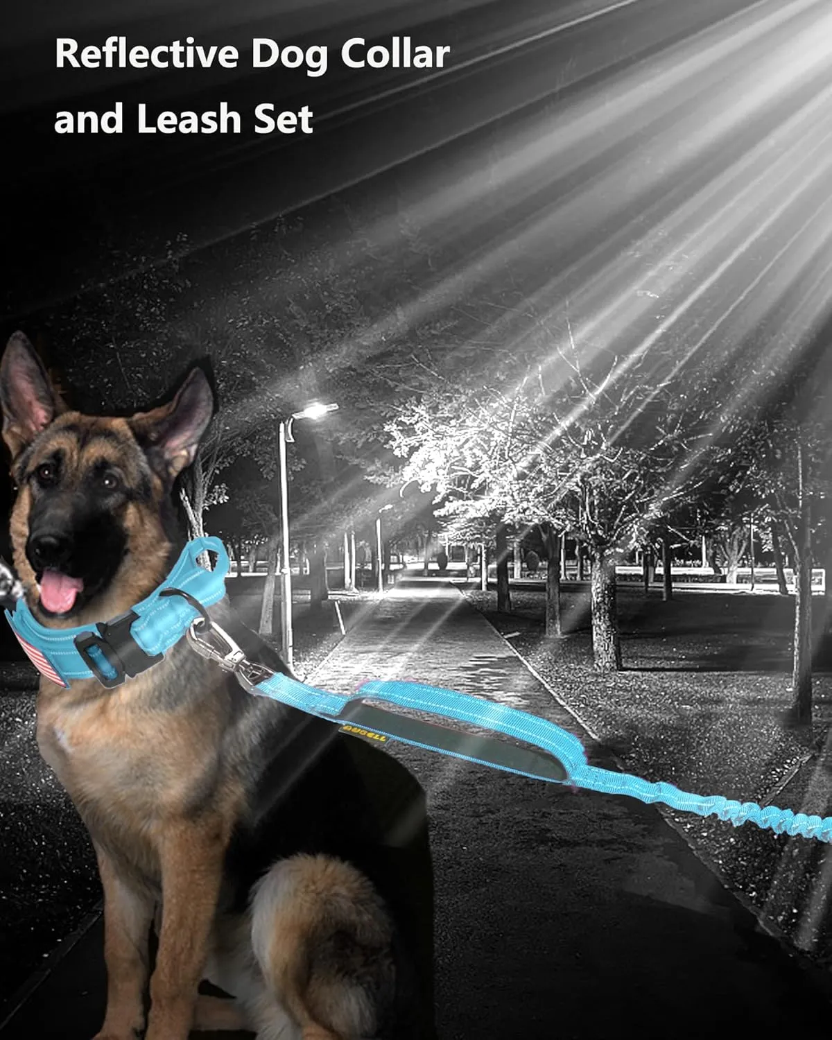 AUBELL Tactical Dog Collar and Leash Set, Reflective Adjustable Heavy Duty Military K9 Collars with Handle and Metal Buckle for Large Dogs, with Airtag Case and 2 Patches(Blue,L)