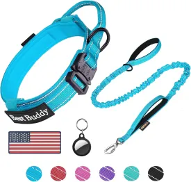 AUBELL Tactical Dog Collar and Leash Set, Reflective Adjustable Heavy Duty Military K9 Collars with Handle and Metal Buckle for Large Dogs, with Airtag Case and 2 Patches(Blue,L)