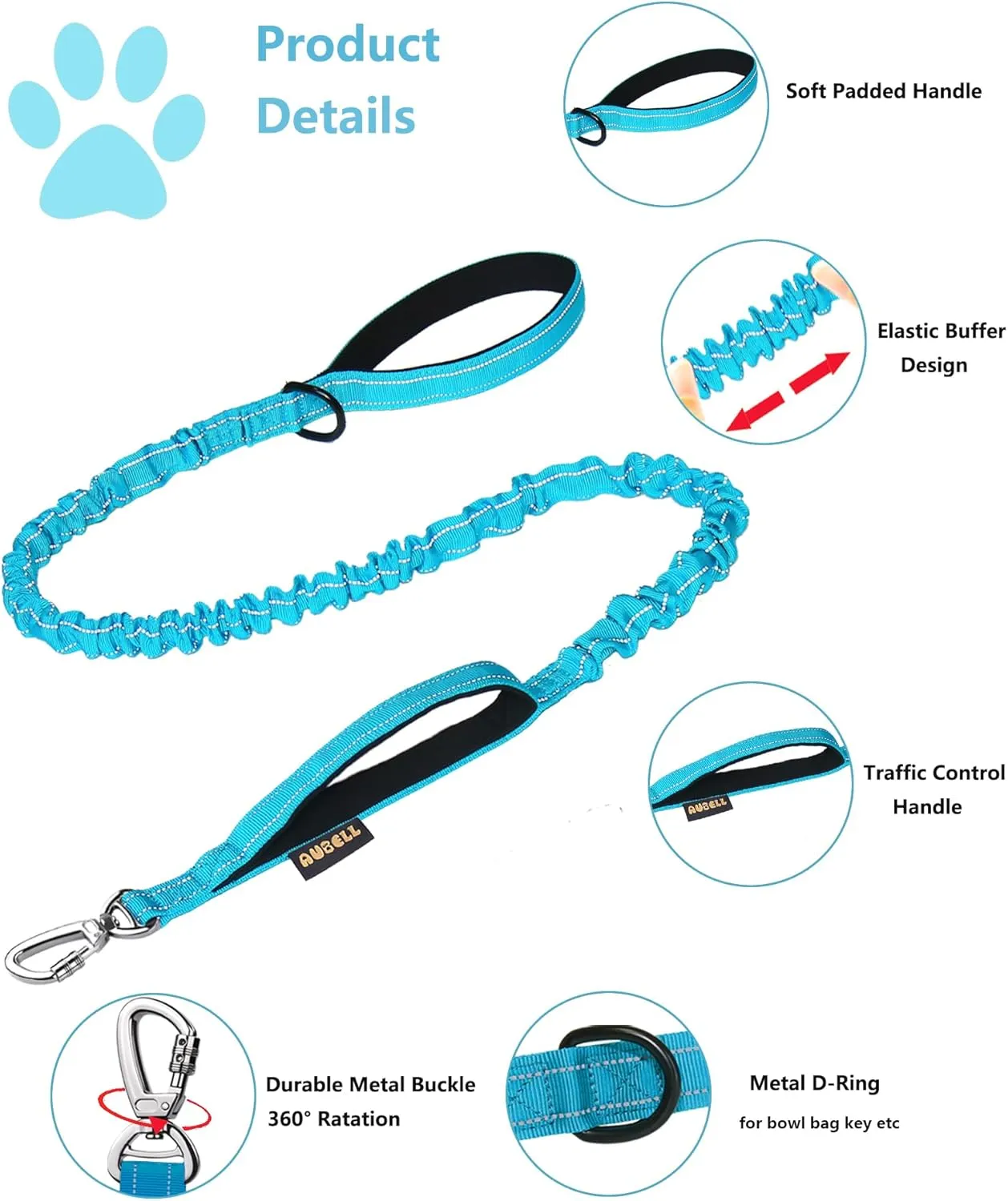 AUBELL Tactical Dog Collar and Leash Set, Reflective Adjustable Heavy Duty Military K9 Collars with Handle and Metal Buckle for Large Dogs, with Airtag Case and 2 Patches(Blue,L)