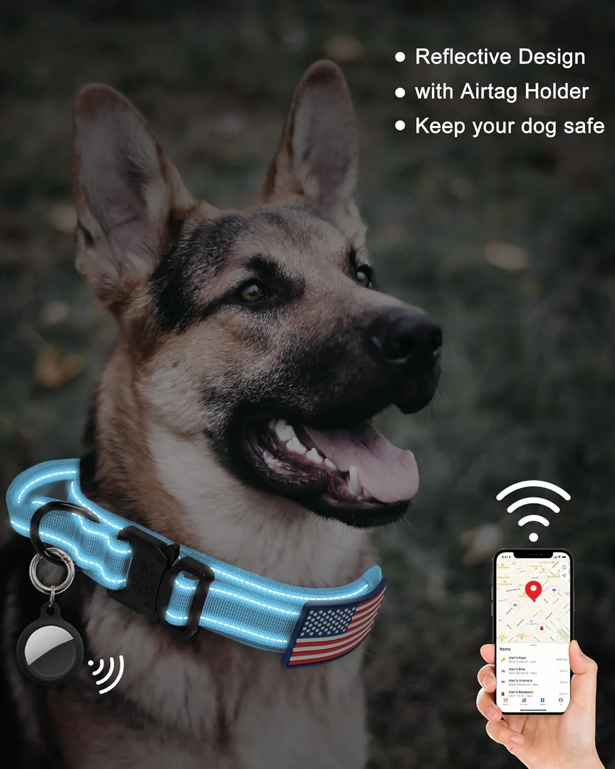 AUBELL Tactical Dog Collar and Leash Set, Reflective Adjustable Heavy Duty Military K9 Collars with Handle and Metal Buckle for Large Dogs, with Airtag Case and 2 Patches(Blue,L)
