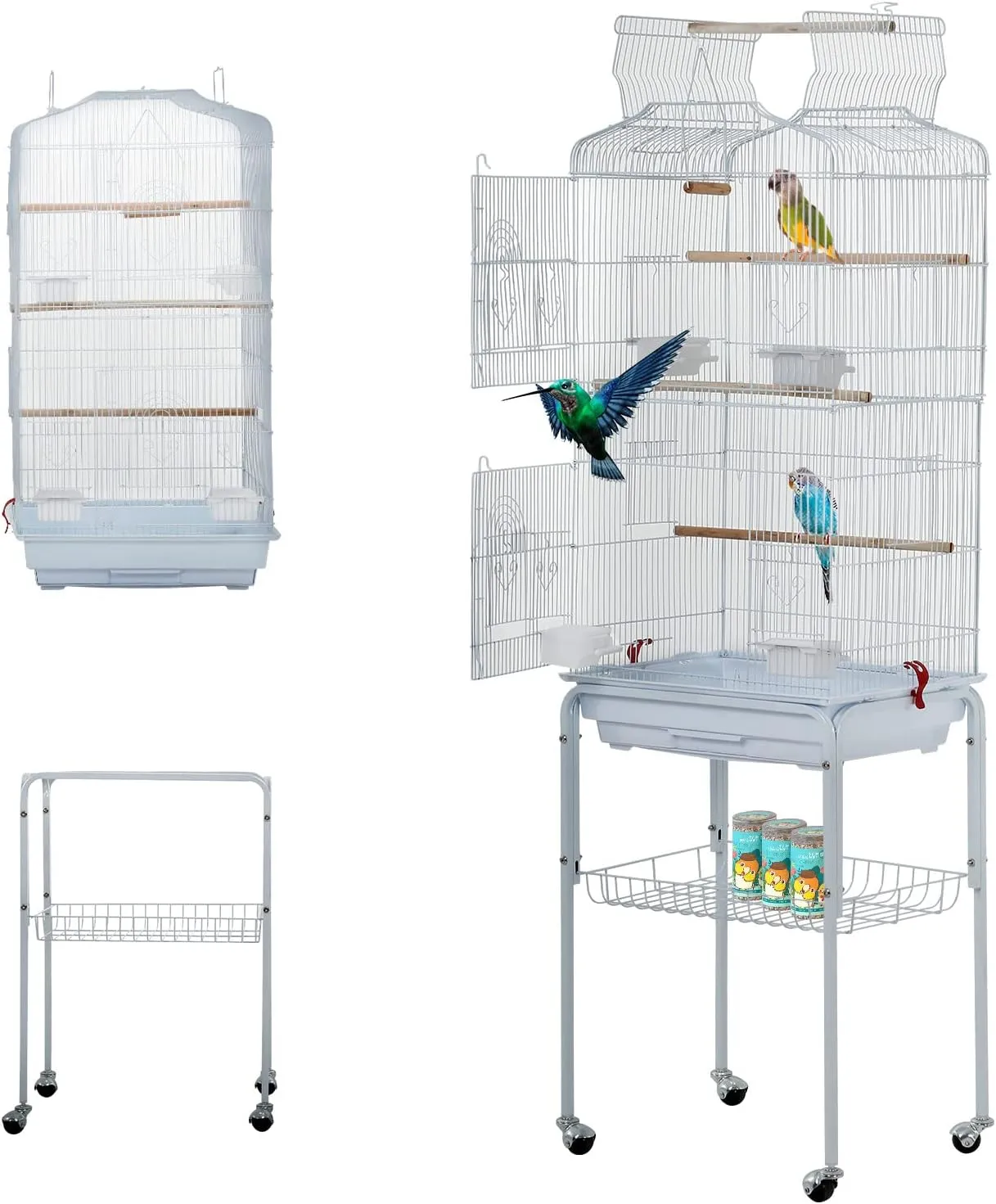 BestPet 64 inch Wrought Iron Bird Cage for Parakeets Medium Small Parrots Parakeet Cage with Detachable Rolling Stand & Play Open Top for Cockatiels Lovebird Finches Canaries,White