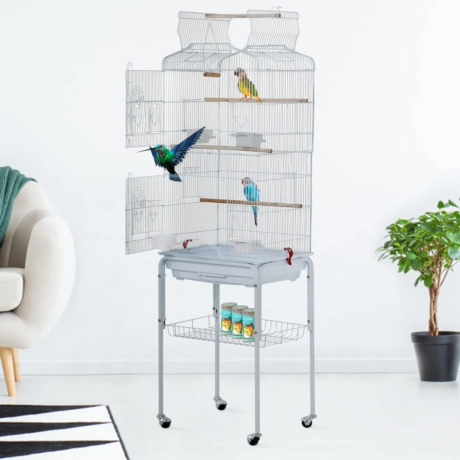 BestPet 64 inch Wrought Iron Bird Cage for Parakeets Medium Small Parrots Parakeet Cage with Detachable Rolling Stand & Play Open Top for Cockatiels Lovebird Finches Canaries,White