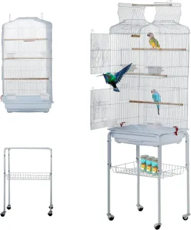 BestPet 64 inch Wrought Iron Bird Cage for Parakeets Medium Small Parrots Parakeet Cage with Detachable Rolling Stand & Play Open Top for Cockatiels Lovebird Finches Canaries,White