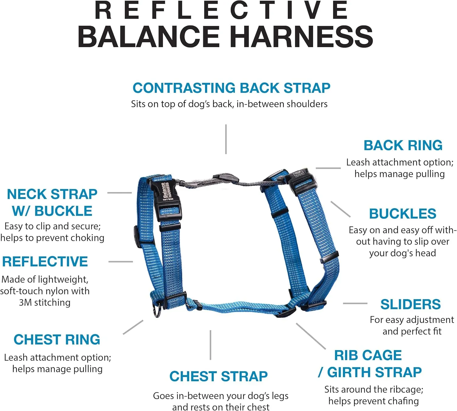 Blue-9 Reflective Buckle-Neck Balance Harness, Fully Customizable Fit No-Pull Harness with 3M Reflective Stitching, Ideal for Dog Training and Obedience, Made in The USA, Blue, Medium/Large