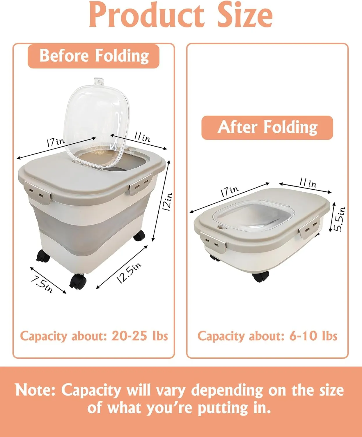 BNOSDM Dog Food Storage Container Collapsible with Wheels, 15-20 Lbs Cat Food Container Air tight with Folding Bowl, Measuring Cup, Scoop, Foldable Cat Dry Feed Dispenser Bins