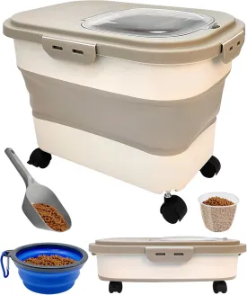 BNOSDM Dog Food Storage Container Collapsible with Wheels, 15-20 Lbs Cat Food Container Air tight with Folding Bowl, Measuring Cup, Scoop, Foldable Cat Dry Feed Dispenser Bins
