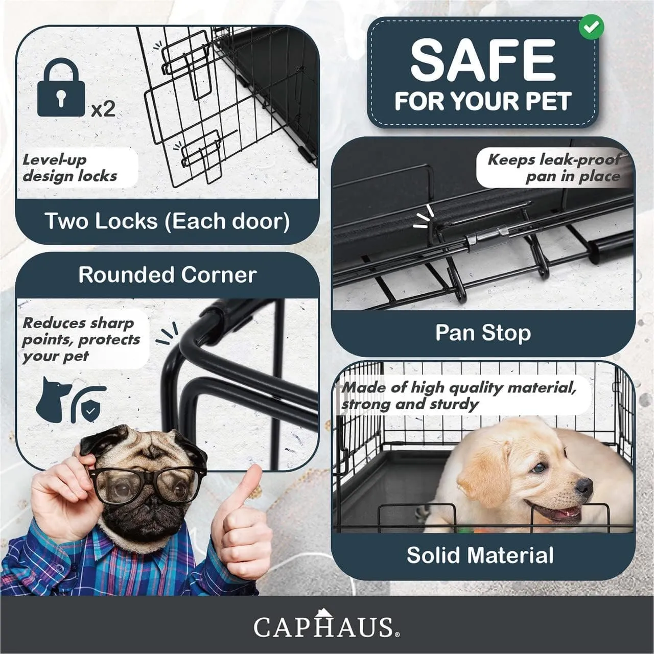CAPHAUS Foldable Dog Crate Kennel w/Leak-Proof Pan & Divider Panel, Metal Crate, Small, Medium & Large Dog Crate Indoor Wire Cage, 42' w/Double Doors, Black
