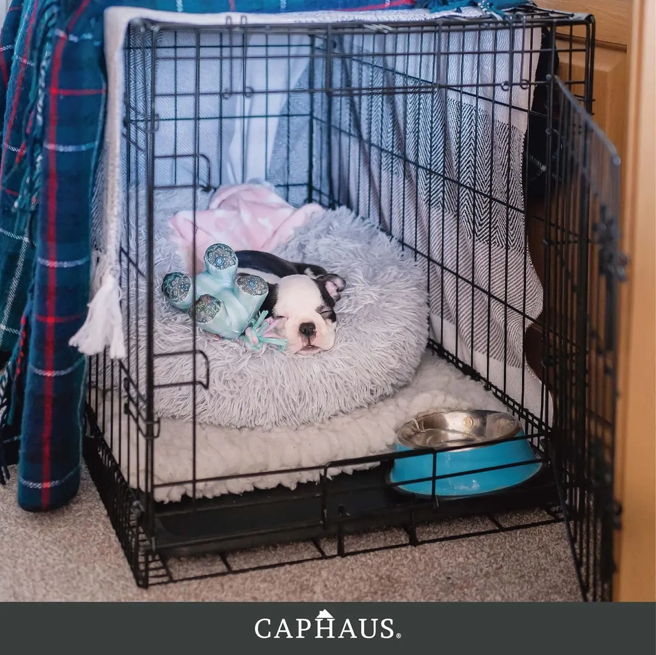CAPHAUS Foldable Dog Crate Kennel w/Leak-Proof Pan & Divider Panel, Metal Crate, Small, Medium & Large Dog Crate Indoor Wire Cage, 42' w/Double Doors, Black