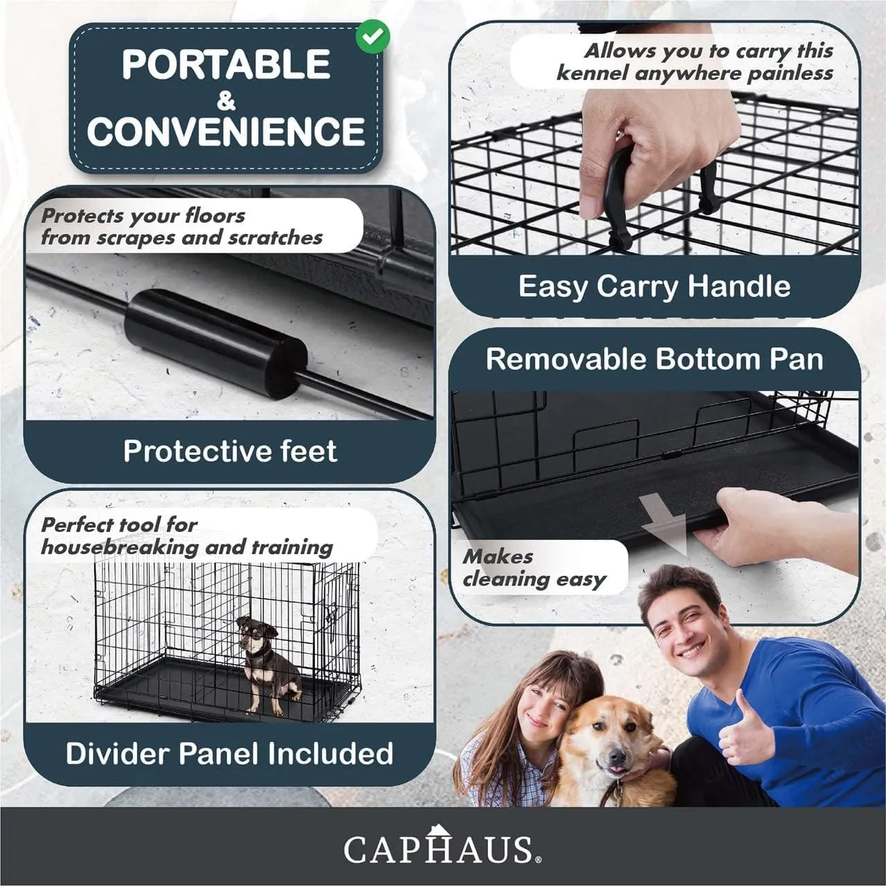 CAPHAUS Foldable Dog Crate Kennel w/Leak-Proof Pan & Divider Panel, Metal Crate, Small, Medium & Large Dog Crate Indoor Wire Cage, 42' w/Double Doors, Black