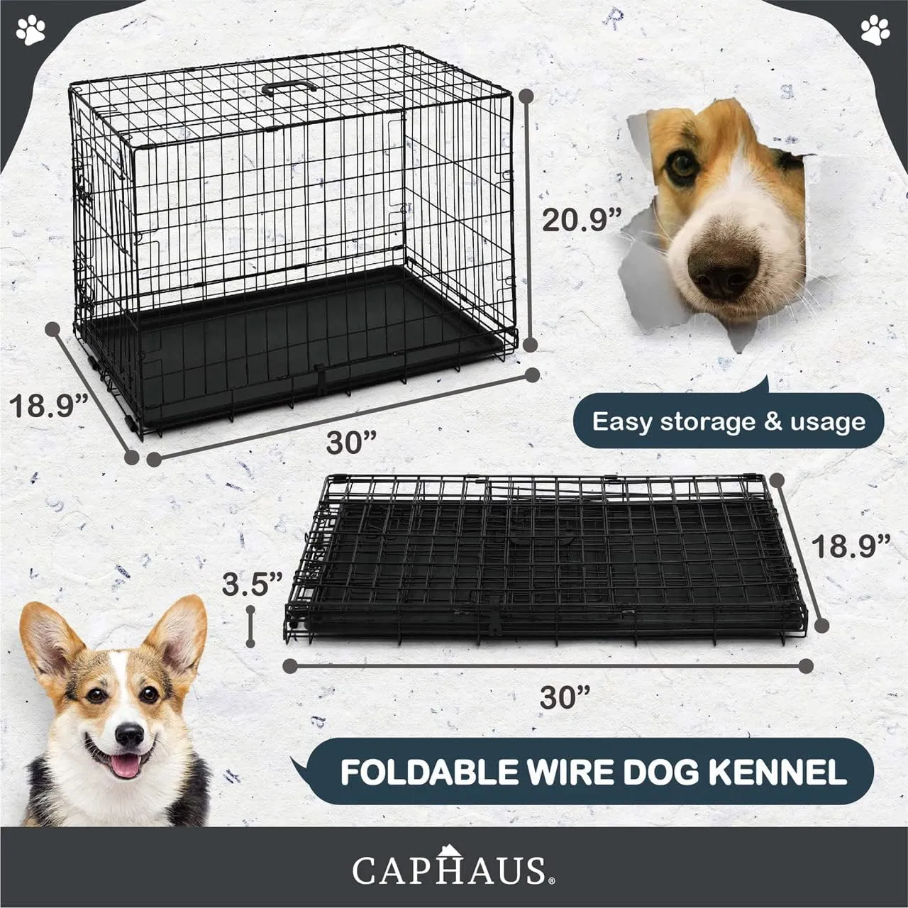 CAPHAUS Foldable Dog Crate Wire Metal Dog Kennel w/Divider Panel, Leak-Proof Pan & Protecting Feet, Single & Double Door, Small, Medium & Large Dog Crate Indoor Wire Dog Cage, 30 w/Classic Lock