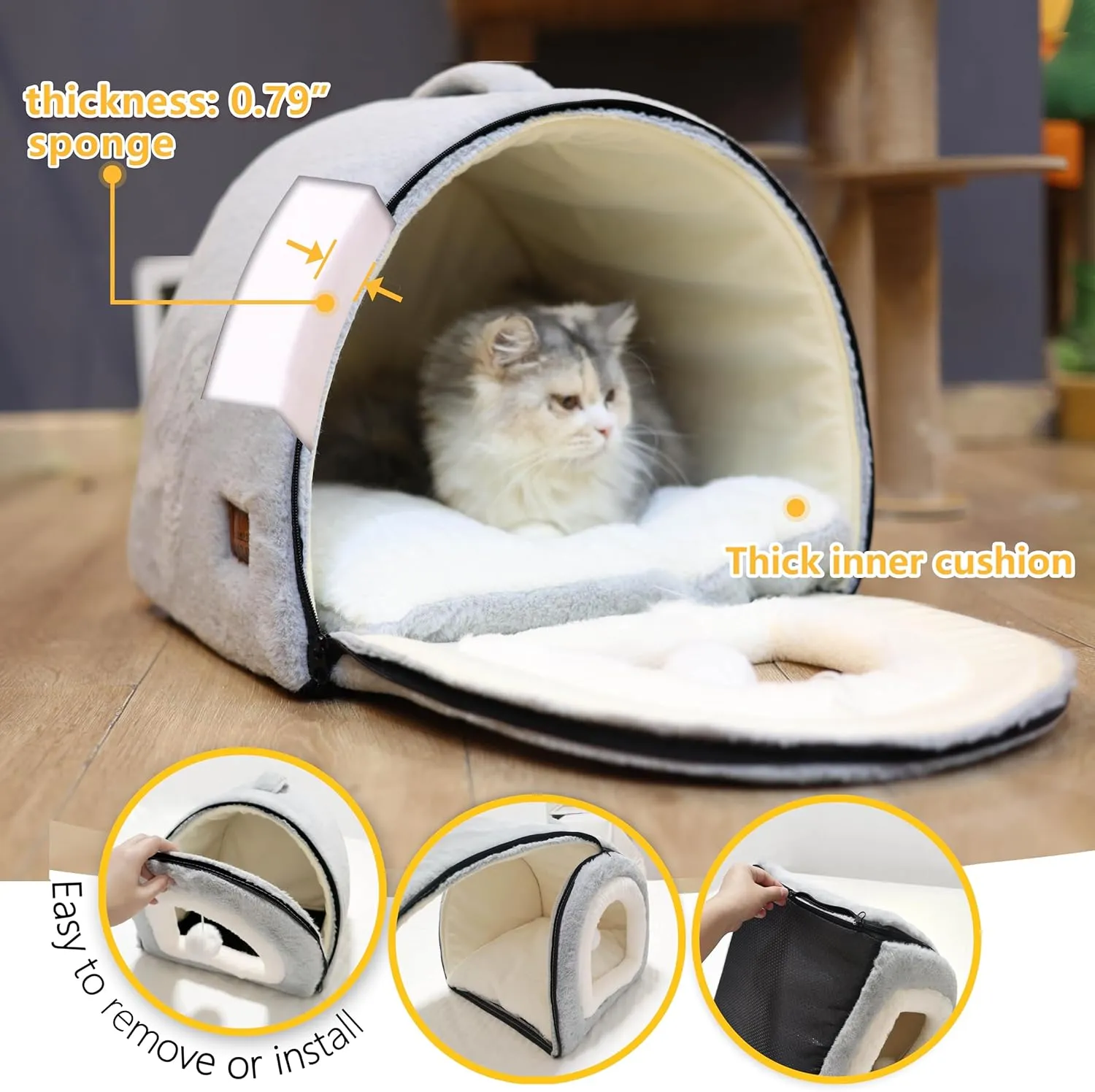Cat Bed for Indoor CatsFoldable cat caveAnti-Slip & Water-Resistant Bottomcat Houses for Indoor Cats or Small Dogs, Kitten Tent, Rabbit Bed2 in 1 pet Bed (Grey)