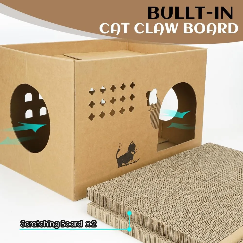 Cat Cardboard House with 2 PCS Scratching PadsLarge Cat Scratcher Bed Cat Scratchers Lounge for Indoor Cats with Corrugated Board Detachable Cat Scratcher Box for Cats.(Cactus) 1
