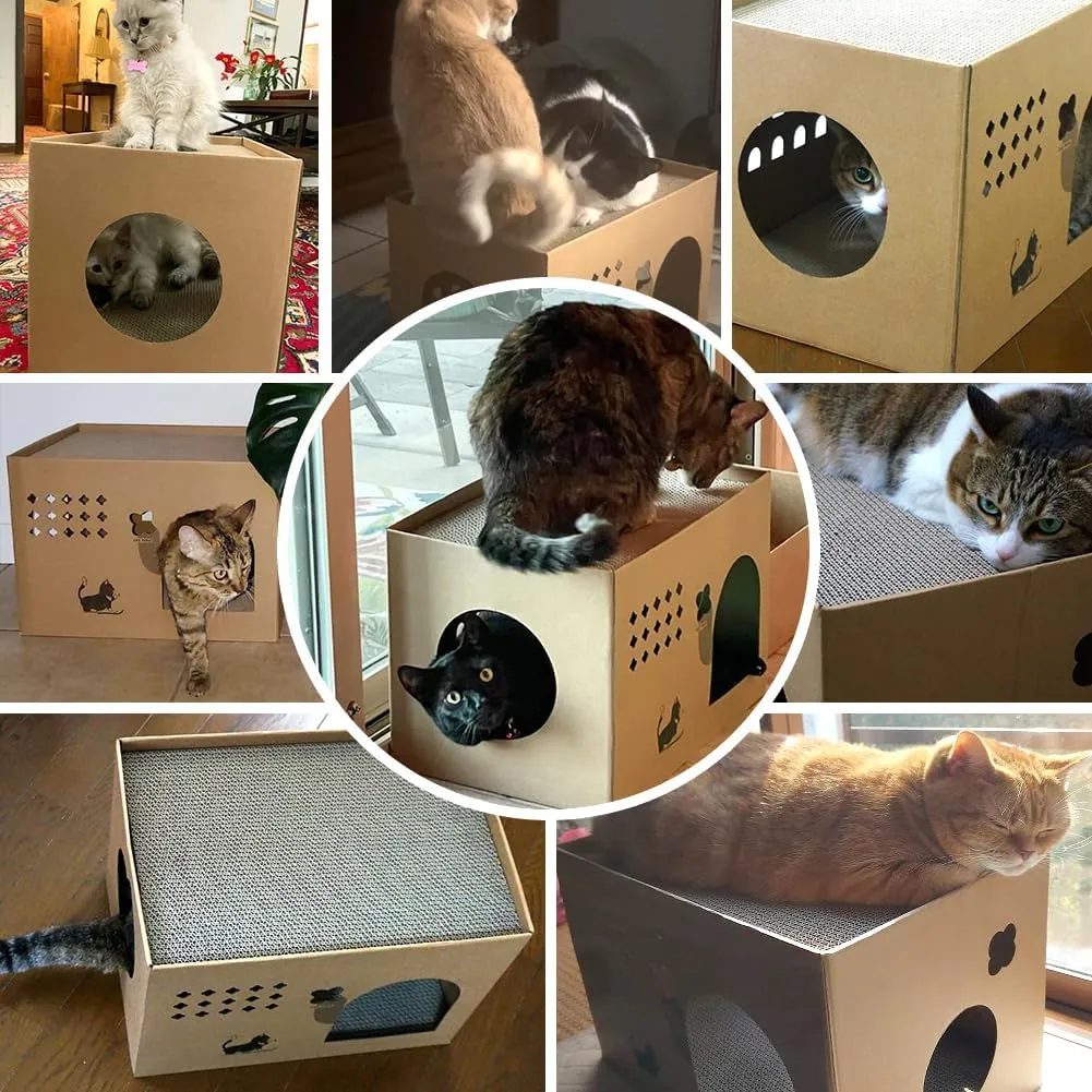 Cat Cardboard House with 2 PCS Scratching PadsLarge Cat Scratcher Bed Cat Scratchers Lounge for Indoor Cats with Corrugated Board Detachable Cat Scratcher Box for Cats.(Cactus) 1